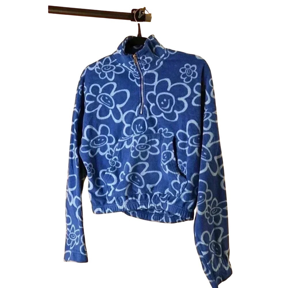 Forever 21 Blue Smiley Face Floral Fleece Quarter Zip Cropped Pullover Small